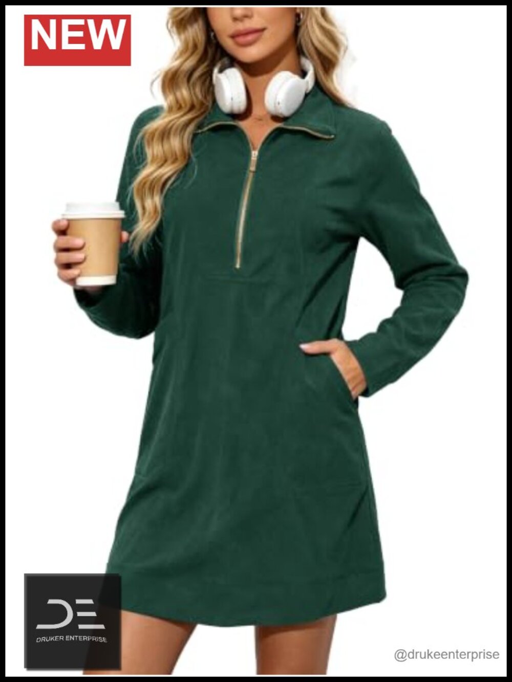 Corduroy Half Zip Tunic Dress with Side Slits & Pockets